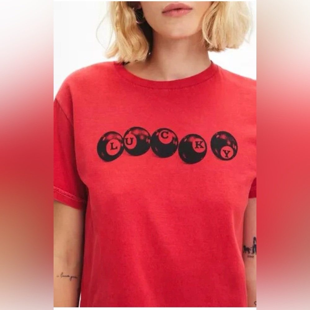 Urban Outfitters Red “Lucky” Billiards Print Short Sleeve Tee